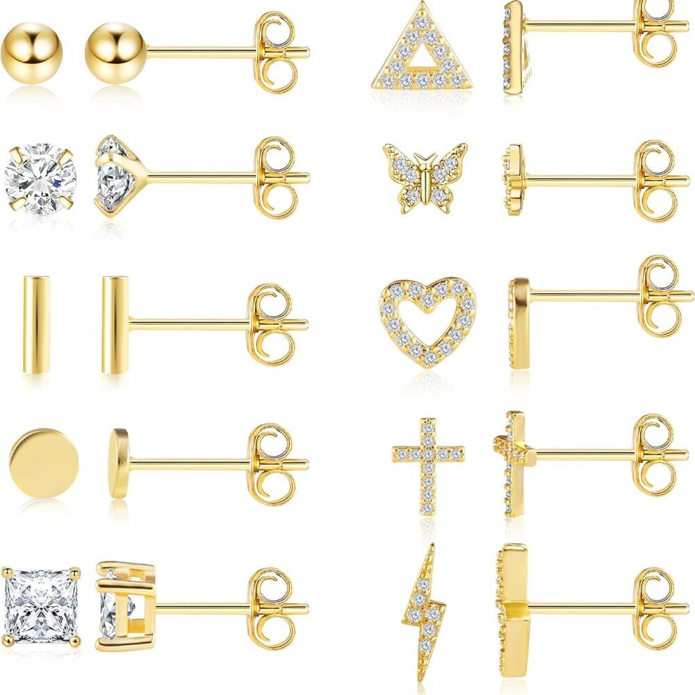 14K Gold Stud Earrings Set for Women, for Multiple Piercing 925 Silver Plated St